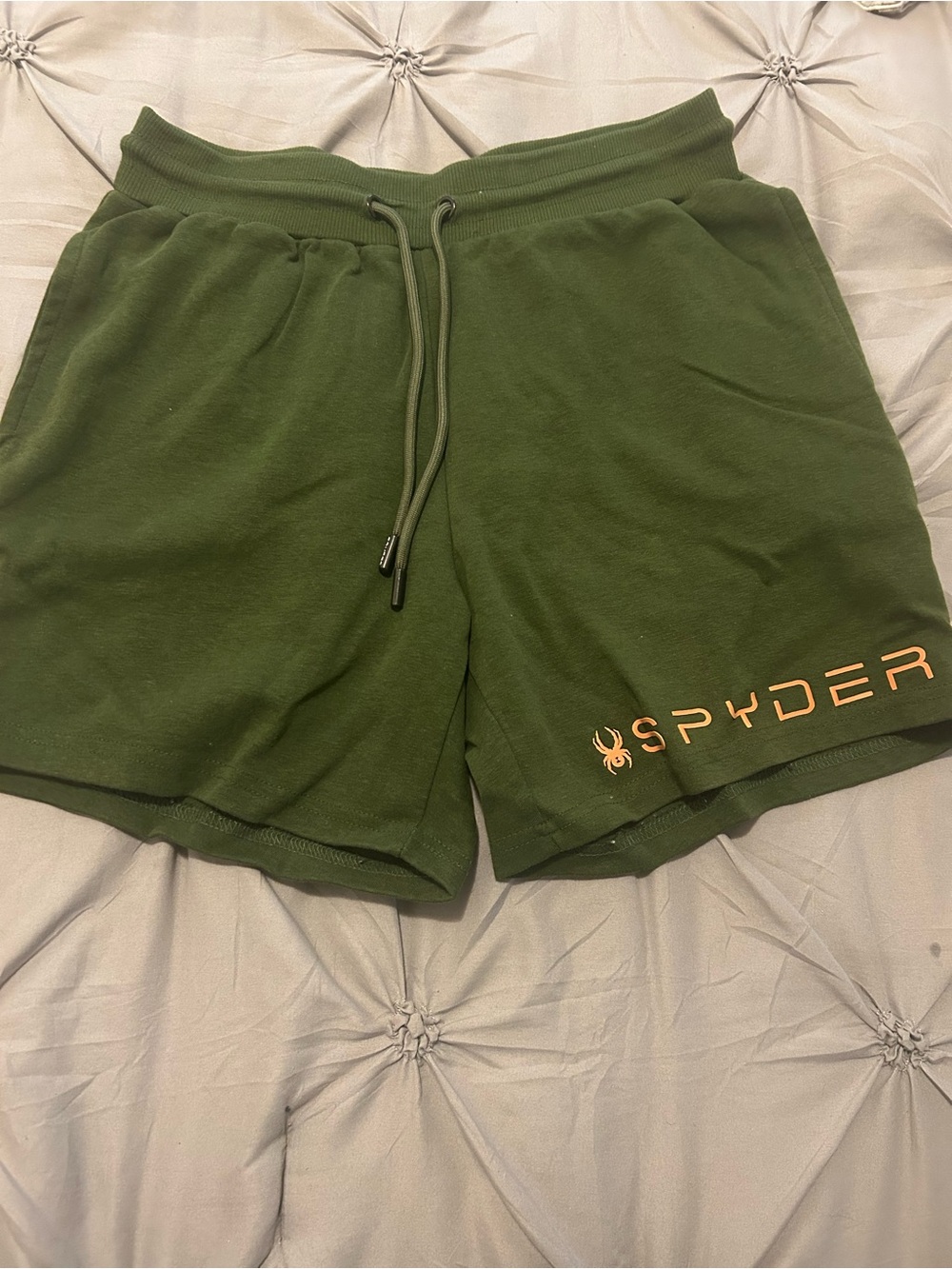 Spyder Olive Green Athletic Drawstring Shorts with Orange Logo